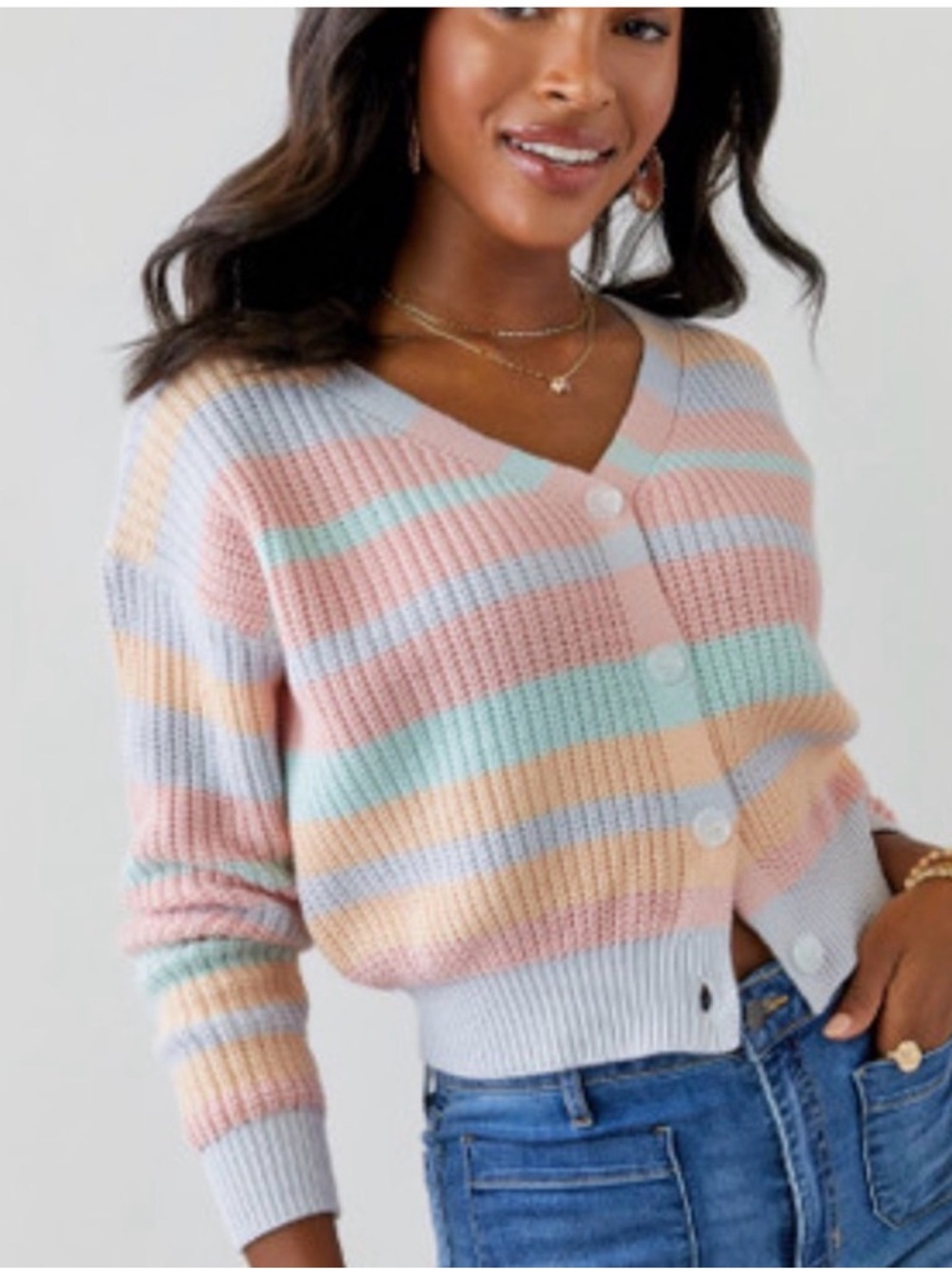 JESSICA SIMPSON || Pastel Multi-Stripe V-Neck Button Cardigan Sweater. Sz. S